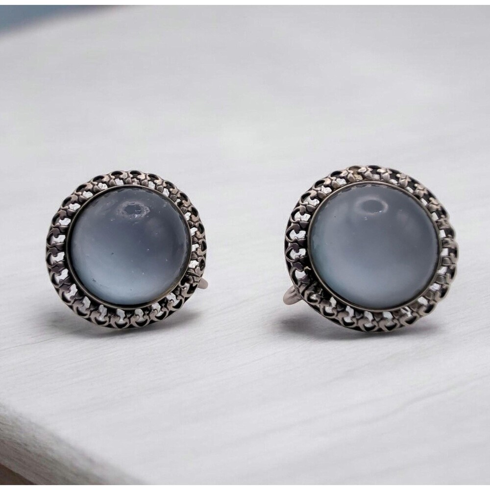 Vintage Danecraft Gray Moonglow Mid- Century ScrewBack Sterling Silver Earrings